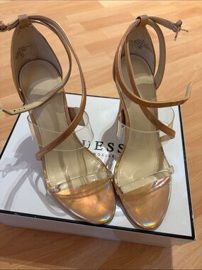 Guess Iridescent Gold-Tone Ankle-Strap Heels with Clear Straps